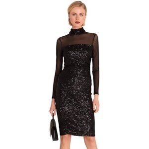Eliza J NWT $198 Black Illusion-Sleeve Sequin Bodycon Dress, Women's Size 8
